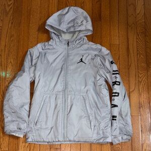 Jordan Youth Hooded Windbreaker Jacket in Silver with Black Logo